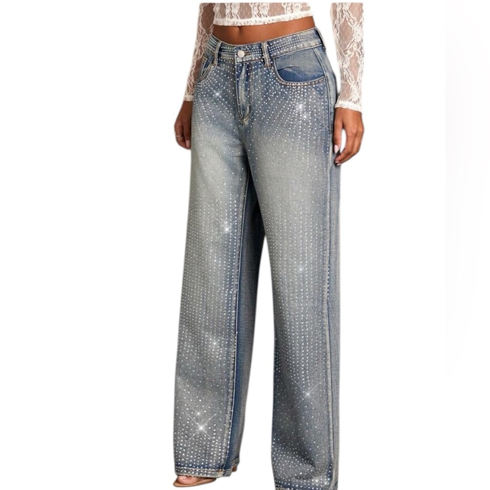 Rhinestone Sparkling Straight -Leg Jeans